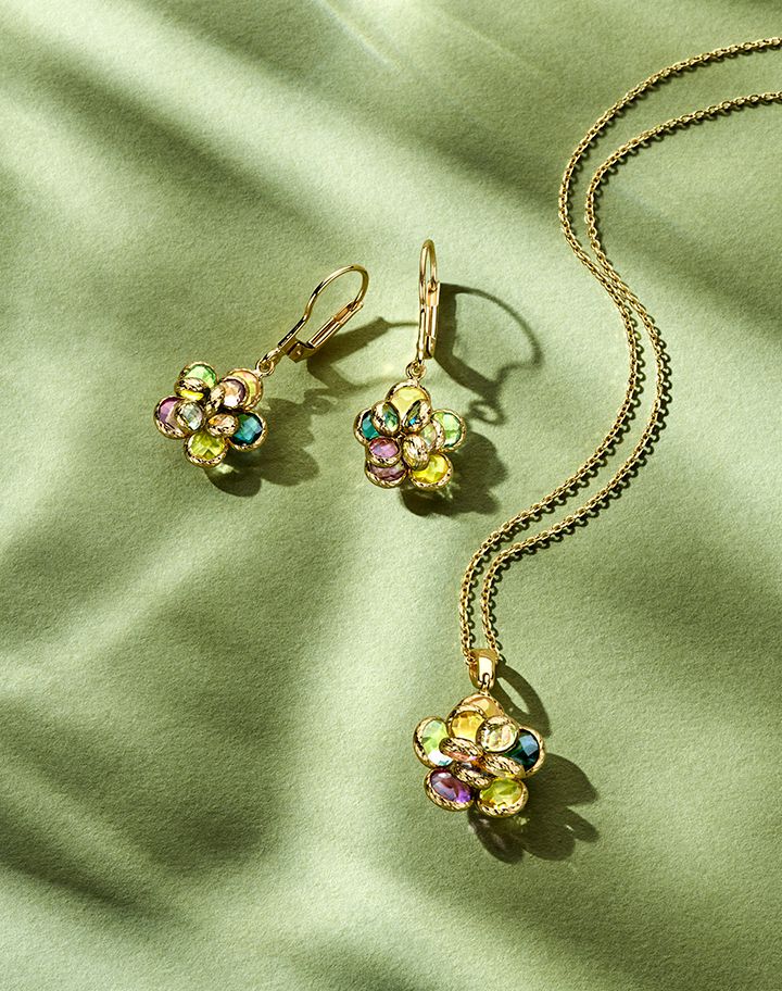 Hermosos Aros de Oro Amarillo con Piedras de Color en Forma de Flor – Amatista, Topacio, Cuarzo Rosa y Amatista Verde