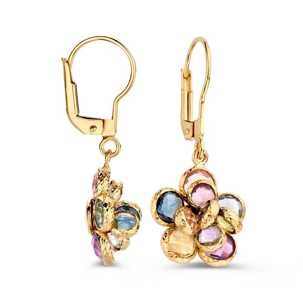 Hermosos Aros de Oro Amarillo con Piedras de Color en Forma de Flor – Amatista, Topacio, Cuarzo Rosa y Amatista Verde