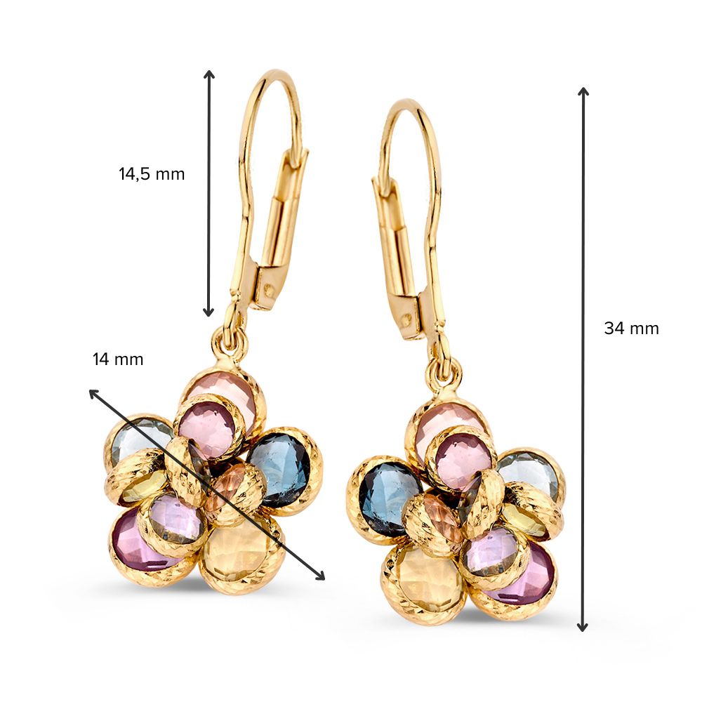 Hermosos Aros de Oro Amarillo con Piedras de Color en Forma de Flor – Amatista, Topacio, Cuarzo Rosa y Amatista Verde