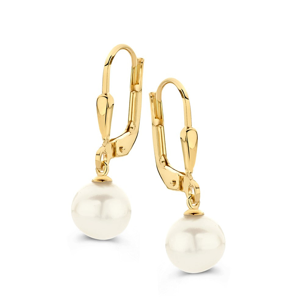 Pendientes de aro elegantes en oro amarillo de 14 quilates con perlas de agua dulce.