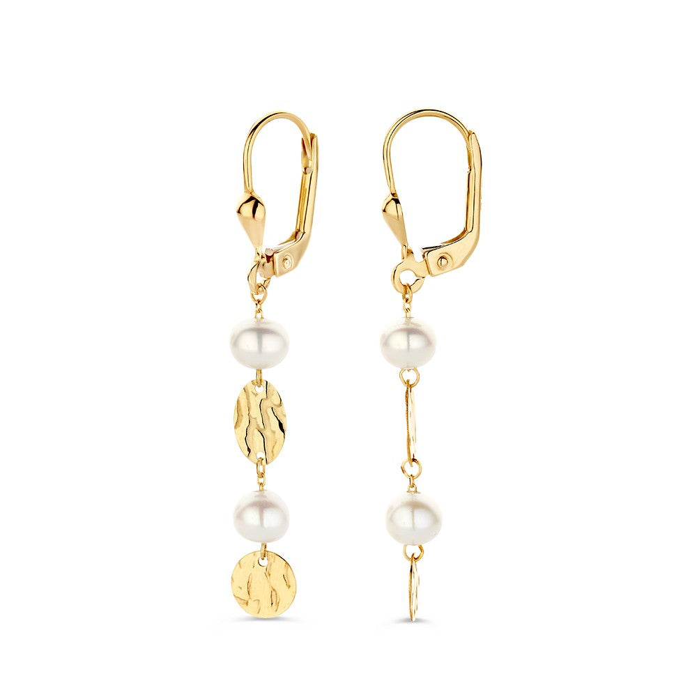 Aros de oro con colgantes largos y perlas – oro amarillo de 14 quilates