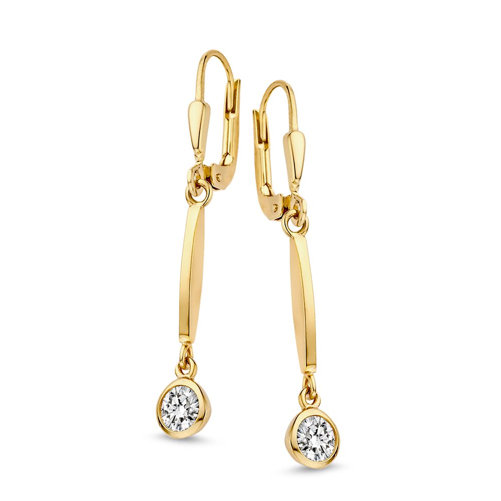 Pendientes largos de oro amarillo de 14 quilates con colgantes de circonitas brillantes.