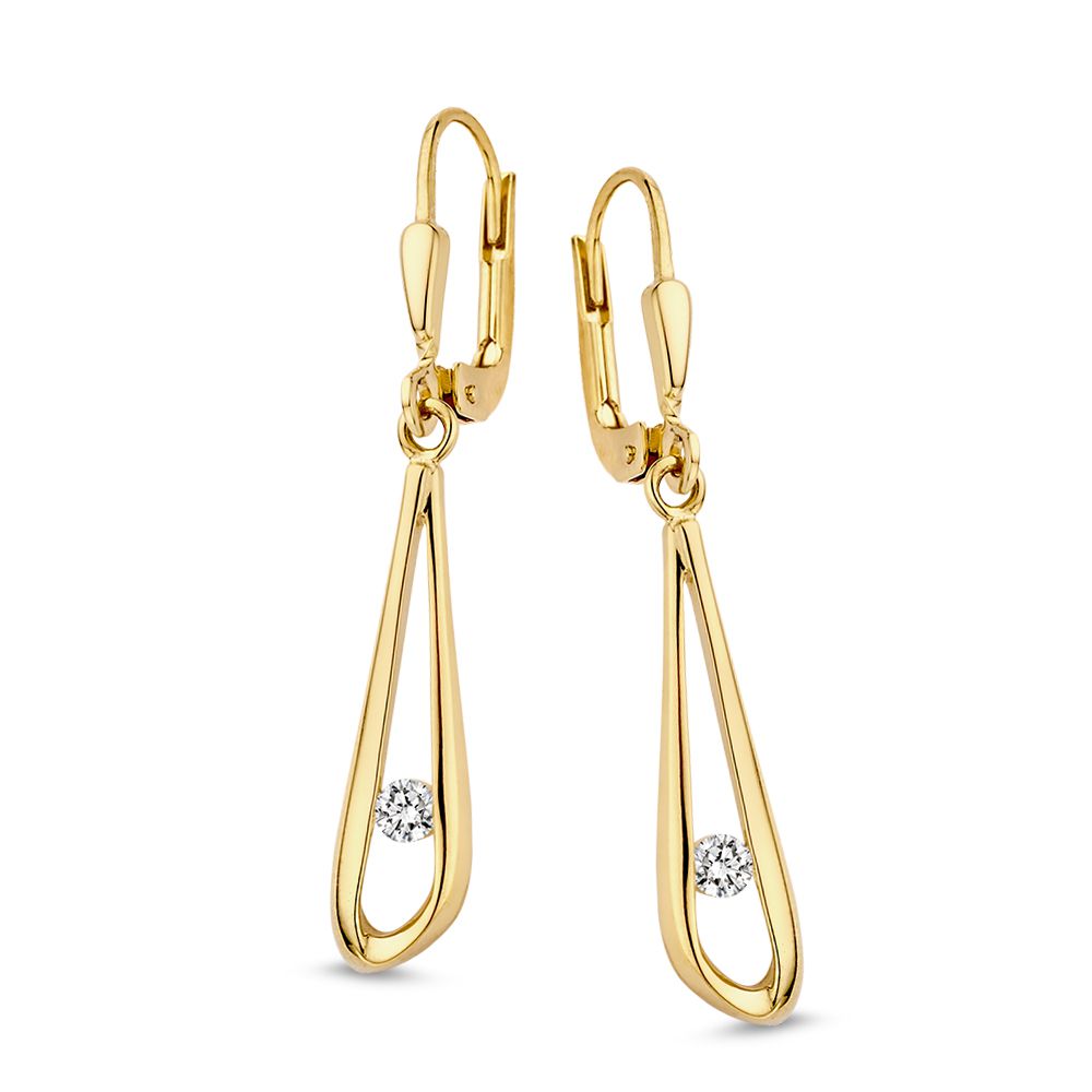 Pendientes de oro amarillo de 14 quilates con zircón, en forma de gota alargada.