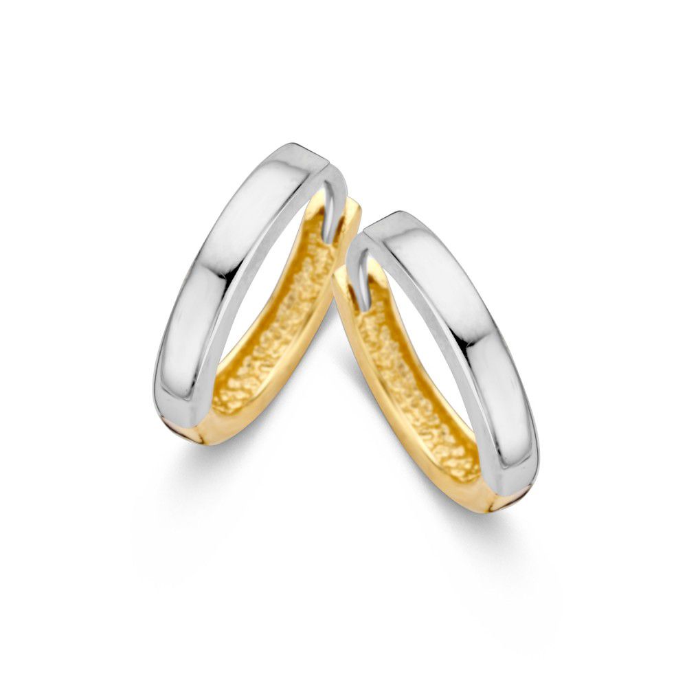 Aros bicolor de oro blanco y amarillo de 14 quilates, con un acabado pulido y interior texturizado.