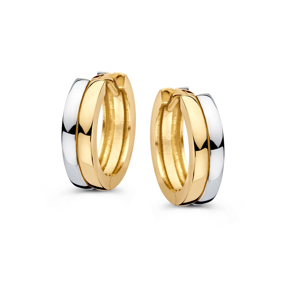 Pendientes de aro bicolores en oro de 14 quilates, con acabados en oro amarillo y blanco.