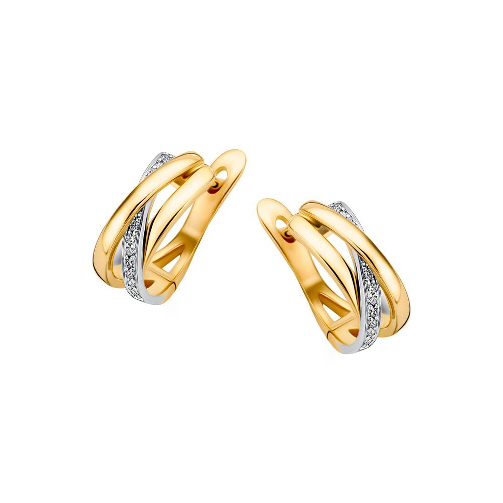 Pendientes de aro elegantes en oro amarillo de 14 quilates con diamantes, diseño sutil y entrelazado.