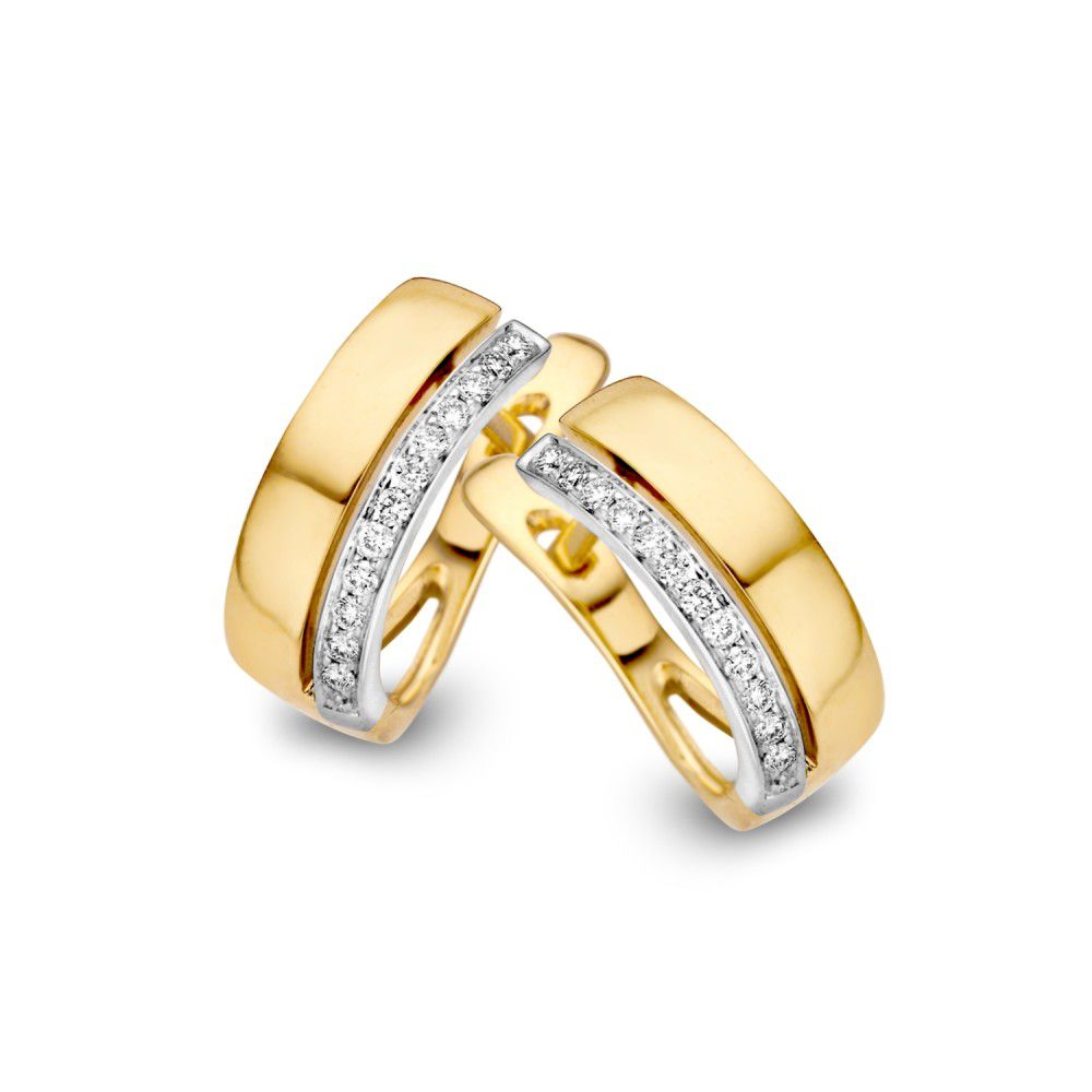 Aros bicolor de oro amarillo y blanco con diamantes de 0.10 quilates, diseño elegante y moderno.