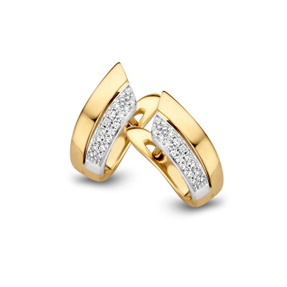 Pendientes bicolor de oro amarillo y blanco con diamantes, diseño elegante en oro de 14 quilates.