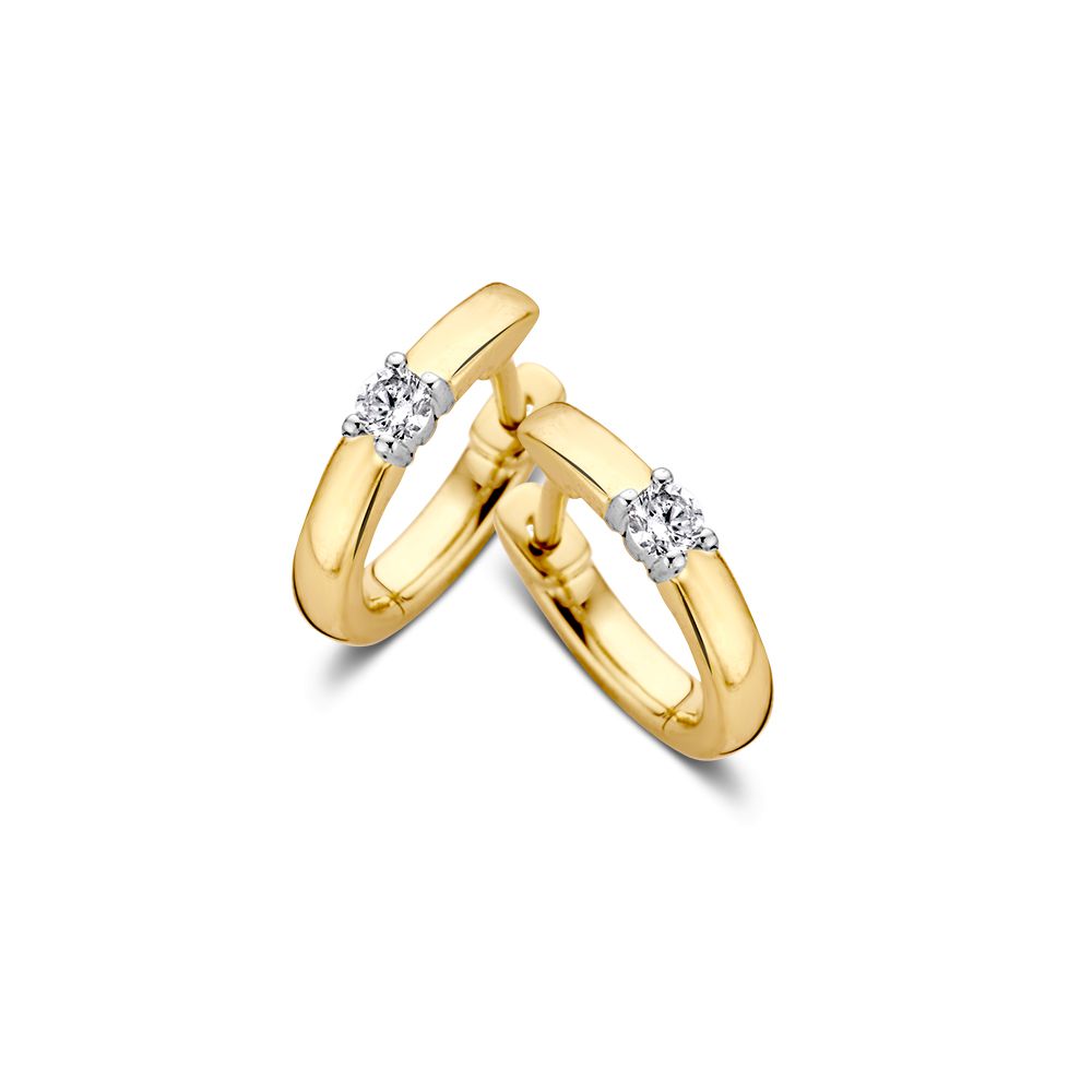 Aros bicolores de oro de 14 quilates con diamantes de 0,10 crt, diseño elegante para damas.