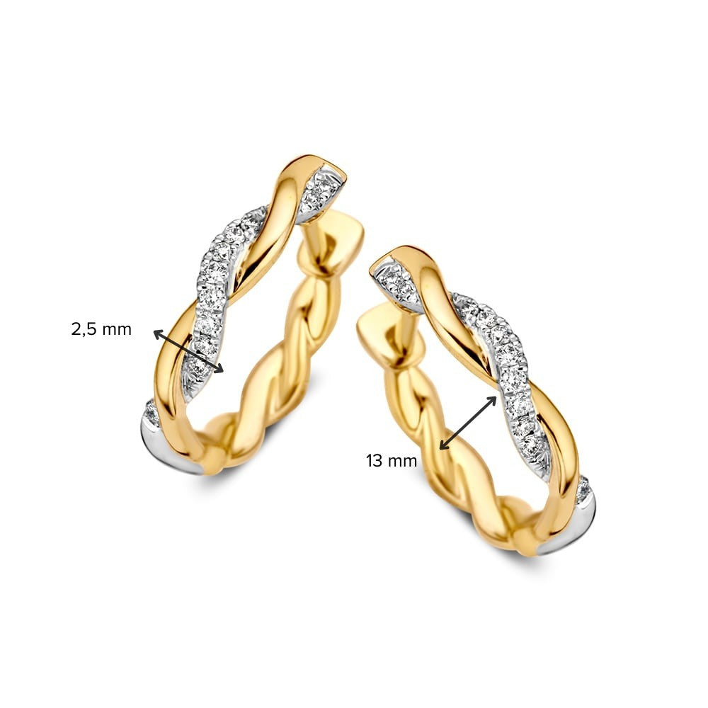 Aros Bicolor de Oro Amarillo y Oro Blanco con Diamante Brillante – Aros de 14 Quilates con 0.11 Quilates de Diamantes