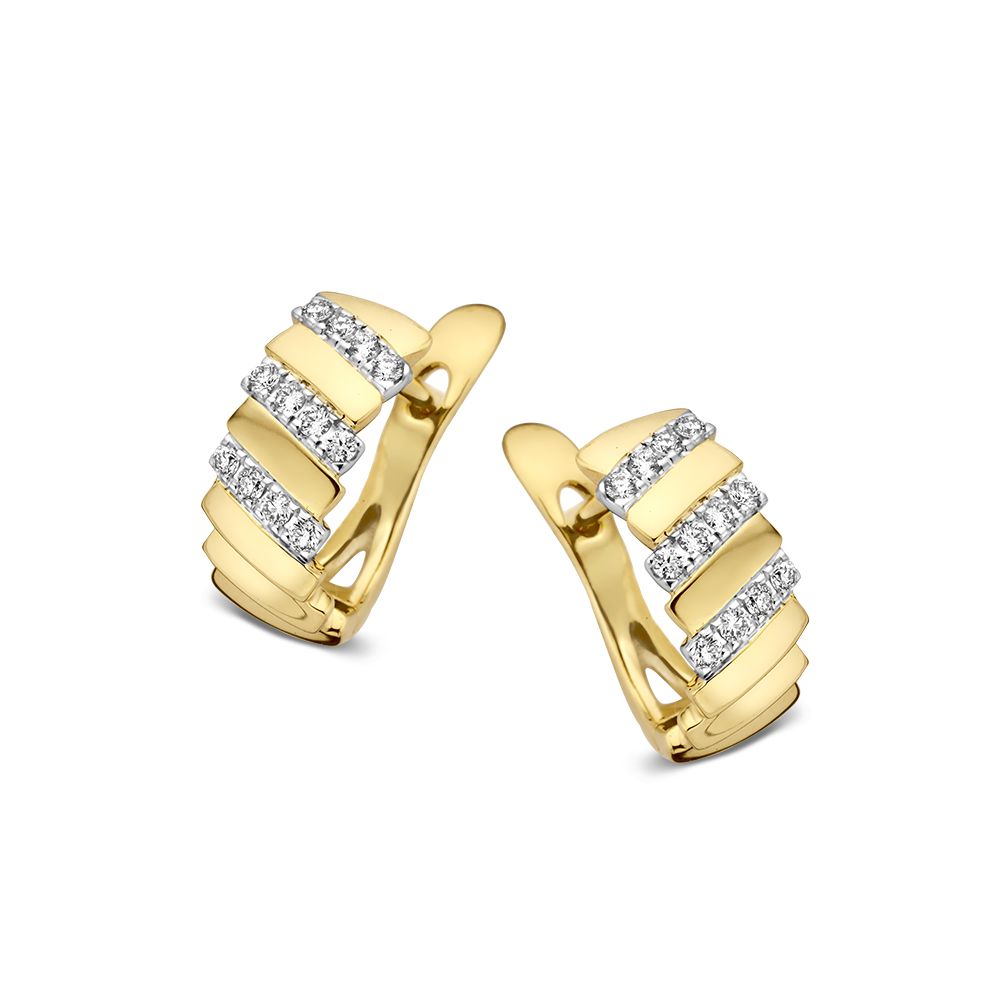Pendientes bicolor de oro amarillo y blanco con diamantes, 14 quilates y 0.14 quilates de diamantes.