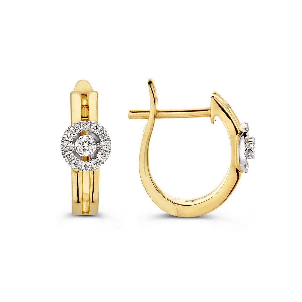 Aros bicolor de oro amarillo y blanco con diamantes en engaste de entorno, 14 quilates y 0.14 quilates de diamantes.