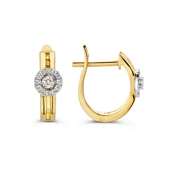 Bicolor Geel- en Witgouden Oorringen met Diamanten in Entourage Zetting – 14 Karaat Oorringen met 0.14 Carat Diamanten