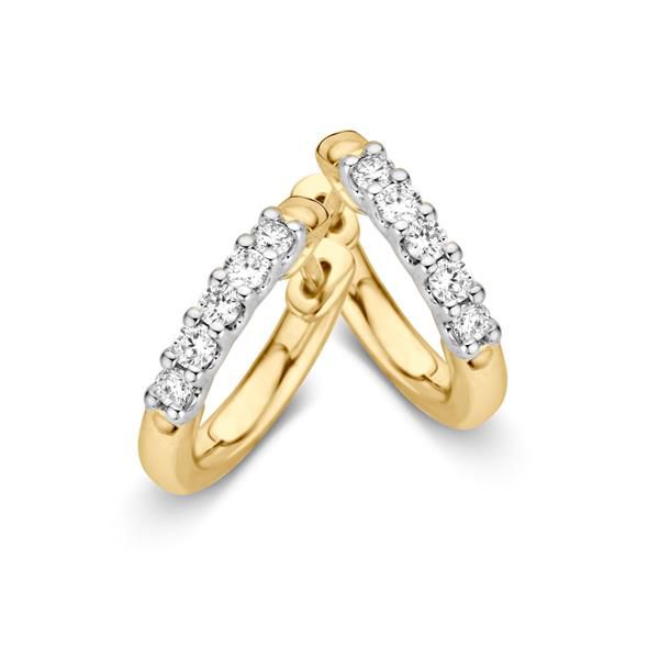 Aros de oro de 14 quilates con diamantes brillantes, diseño clásico y acabado pulido.