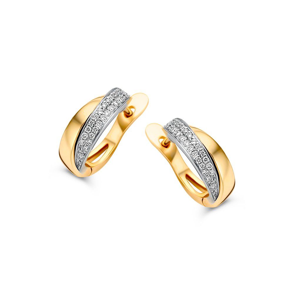 Pendientes bicolor de oro amarillo y blanco con diamantes en pavé, 14 quilates y 0.20 quilates de diamantes.
