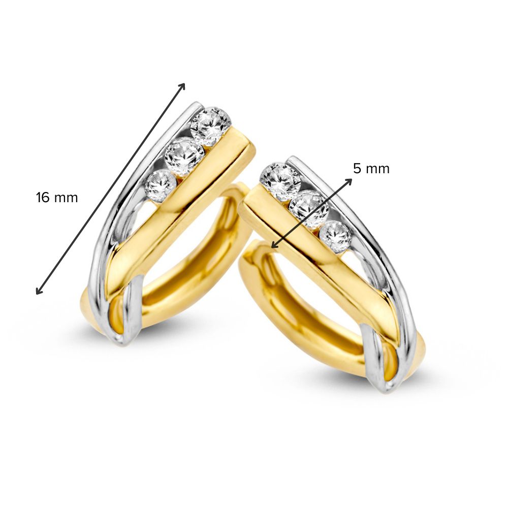 Aros Bicolor de Oro Amarillo y Oro Blanco con Circonitas – Aros Elegantes con Perno Reducido, 14 Quilates