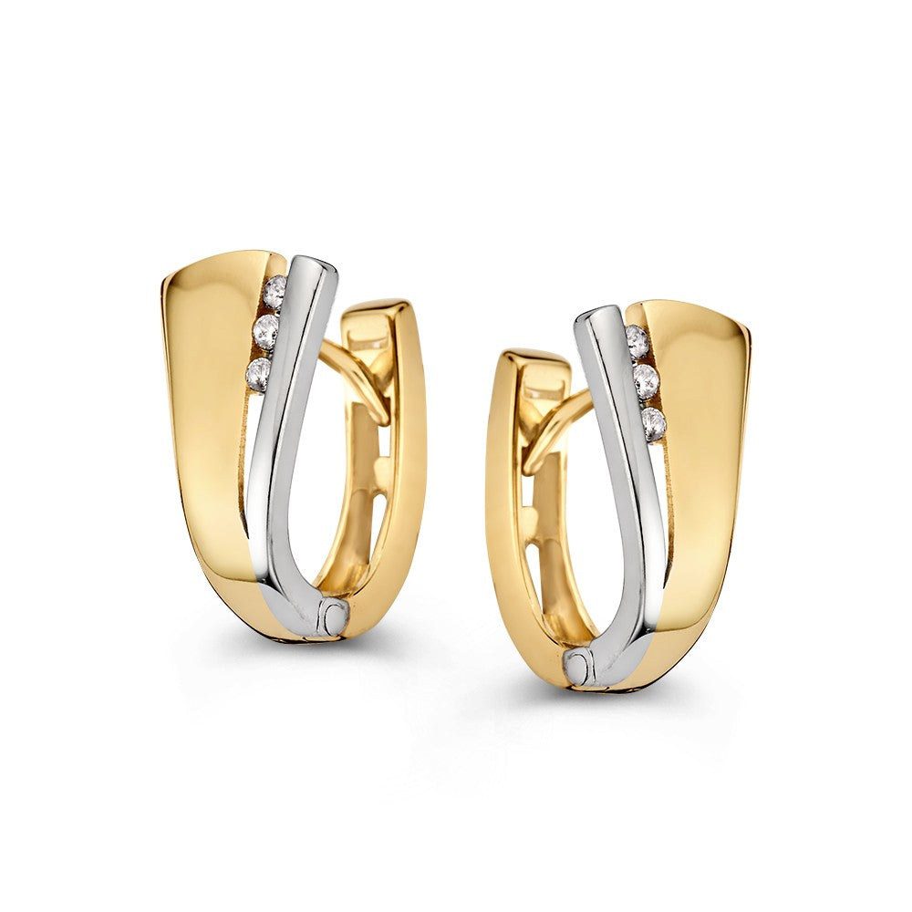 Aros bicolor de oro blanco y amarillo con tres circonitas, diseño elegante y cierre de presión.