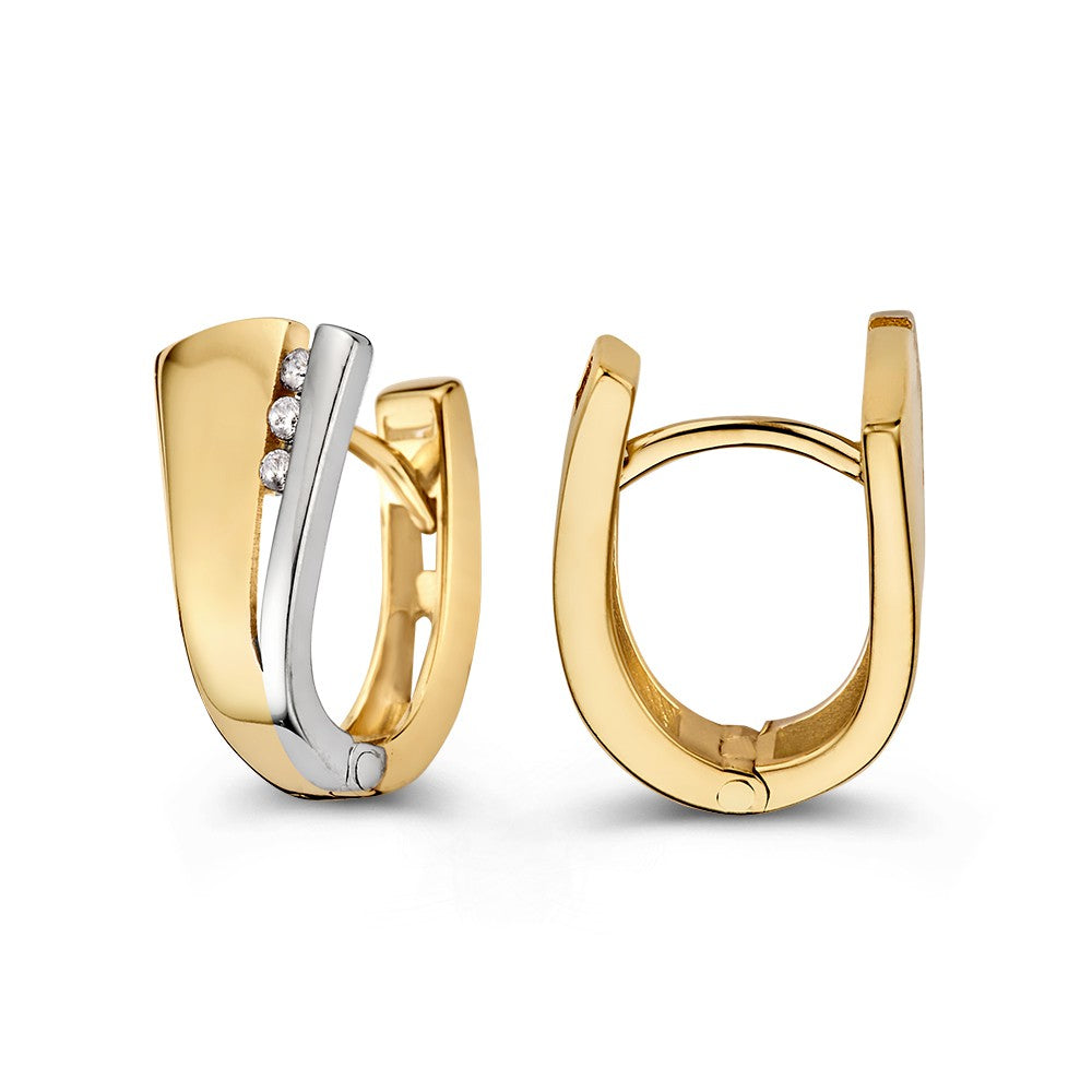Aros Bicolor de Oro Blanco y Oro Amarillo con Tres Zircónias – Elegantes Aros con Perno Reducido
