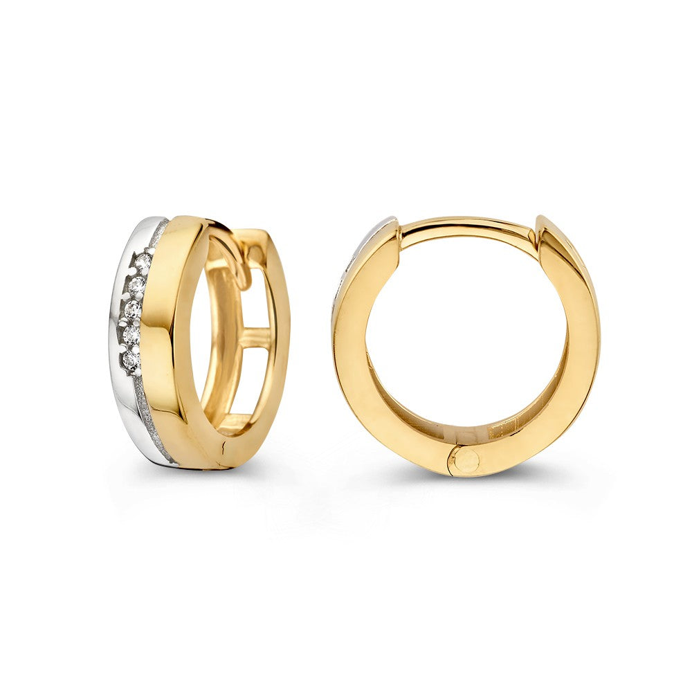 Aros Bicolor de Oro Blanco y Oro Amarillo con Cinco Zircónias – Aros Elegantes y Modernos