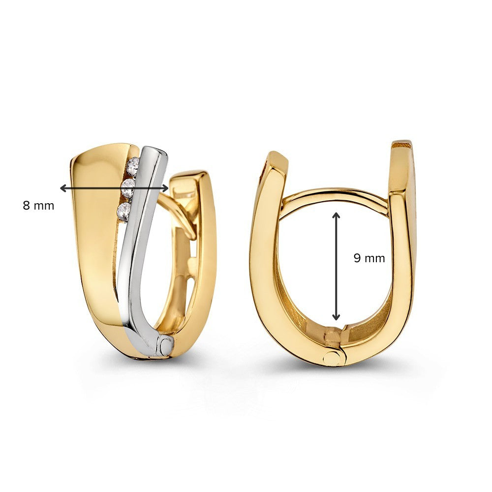 Aros Bicolor de Oro Blanco y Oro Amarillo con Tres Zircónias – Elegantes Aros con Perno Reducido