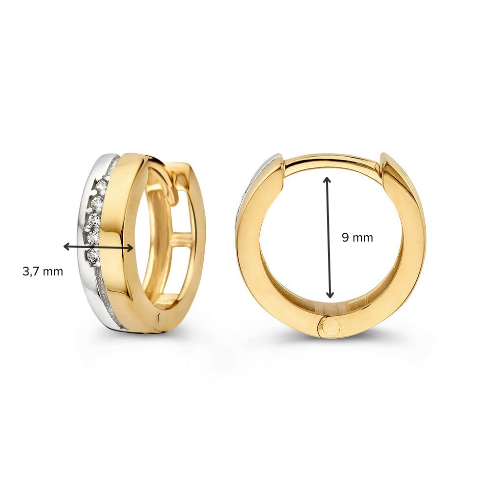 Aros Bicolor de Oro Blanco y Oro Amarillo con Cinco Zircónias – Aros Elegantes y Modernos