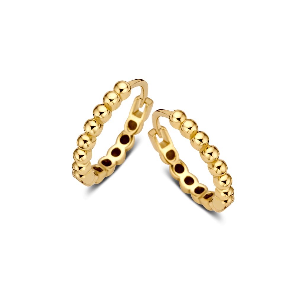 Pendientes de aro en oro amarillo de 14 quilates, con diseño minimalista y perlas en la superficie.