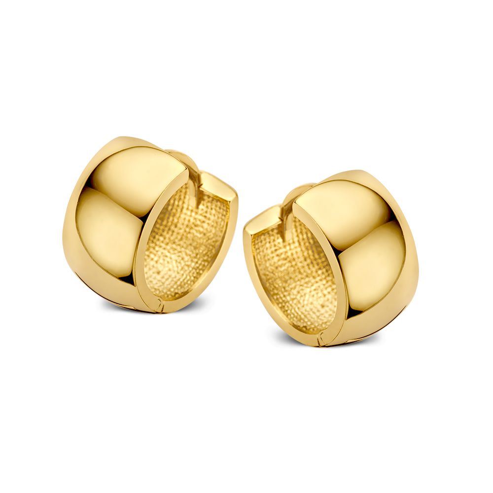 Aros anchos de oro amarillo de 14K con acabado pulido y texturizado.