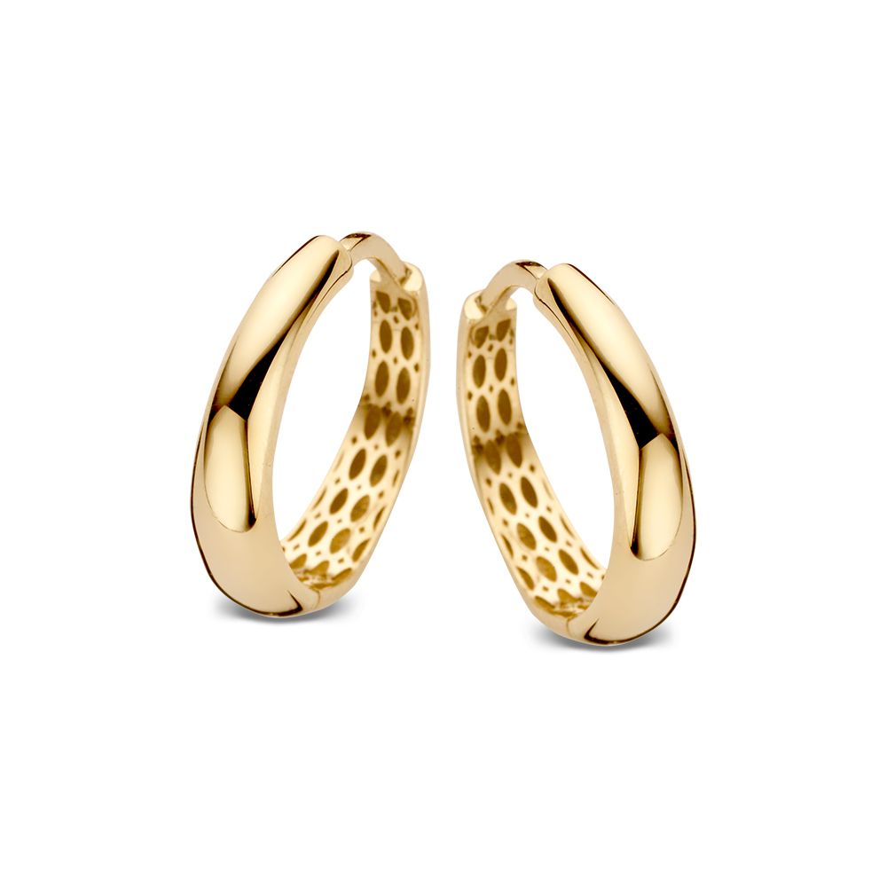 Aros de oro amarillo de 14 quilates, con diseño cónico y acabado brillante.