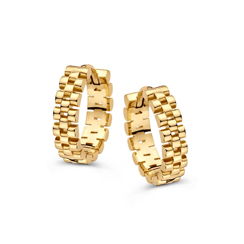 Aros de oro amarillo con eslabones de 'Rolex', diseño robusto y brillante.