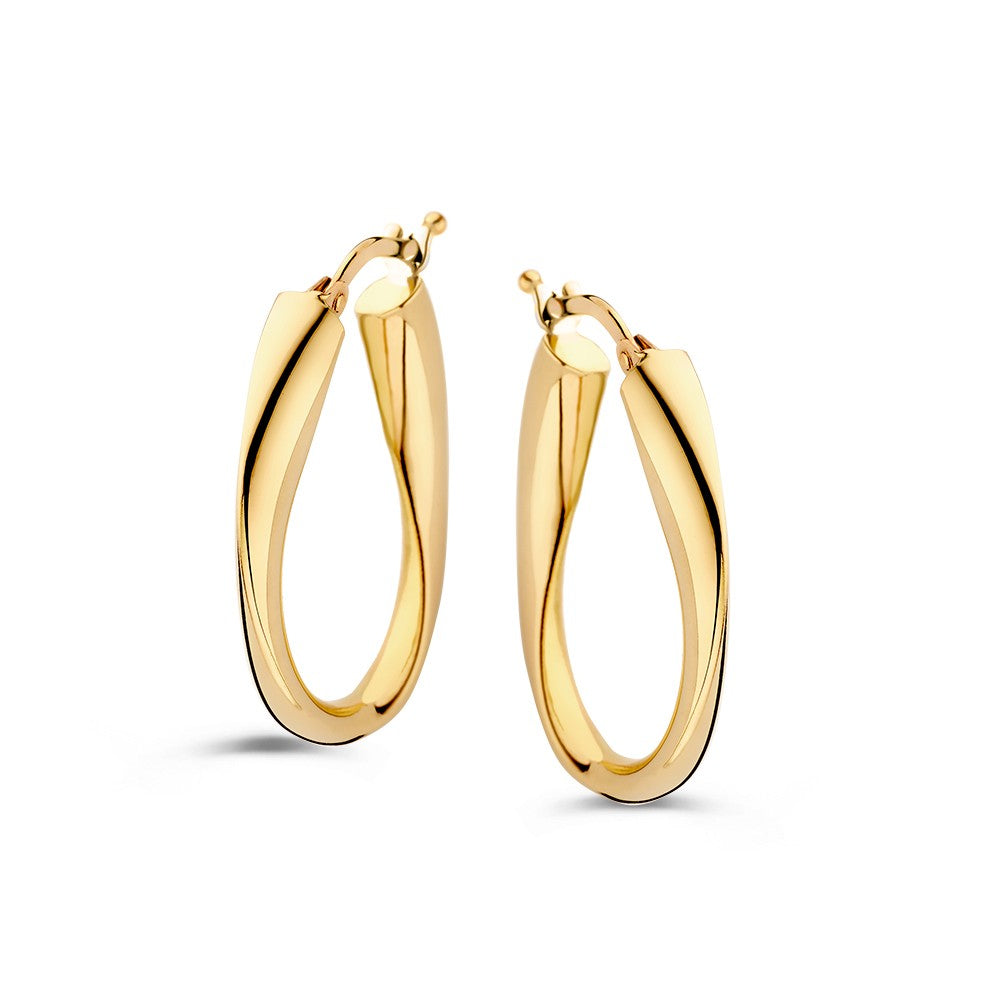 Pendientes de aro de oro amarillo de 14 quilates con un diseño retorcido y brillante.
