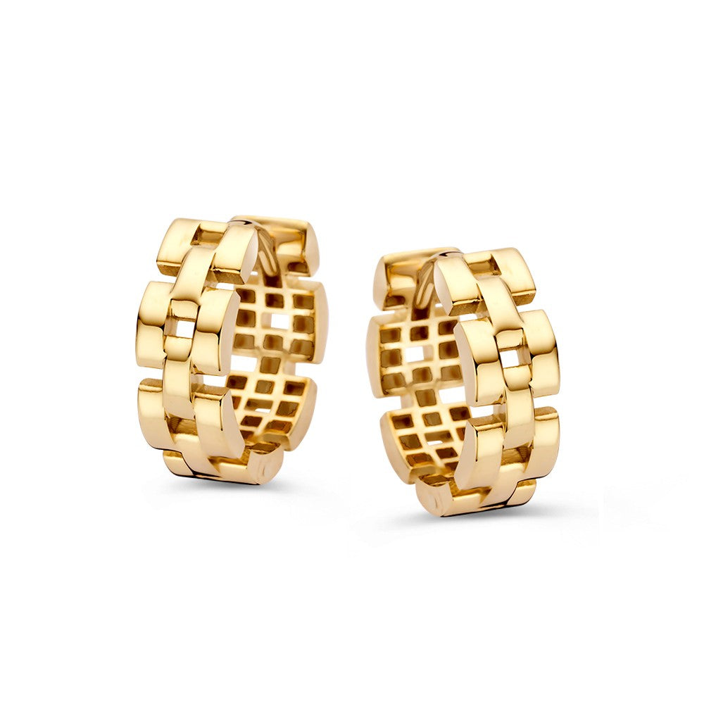 Pendientes de aro dorados con diseño de eslabones, estilo lujoso y atemporal.