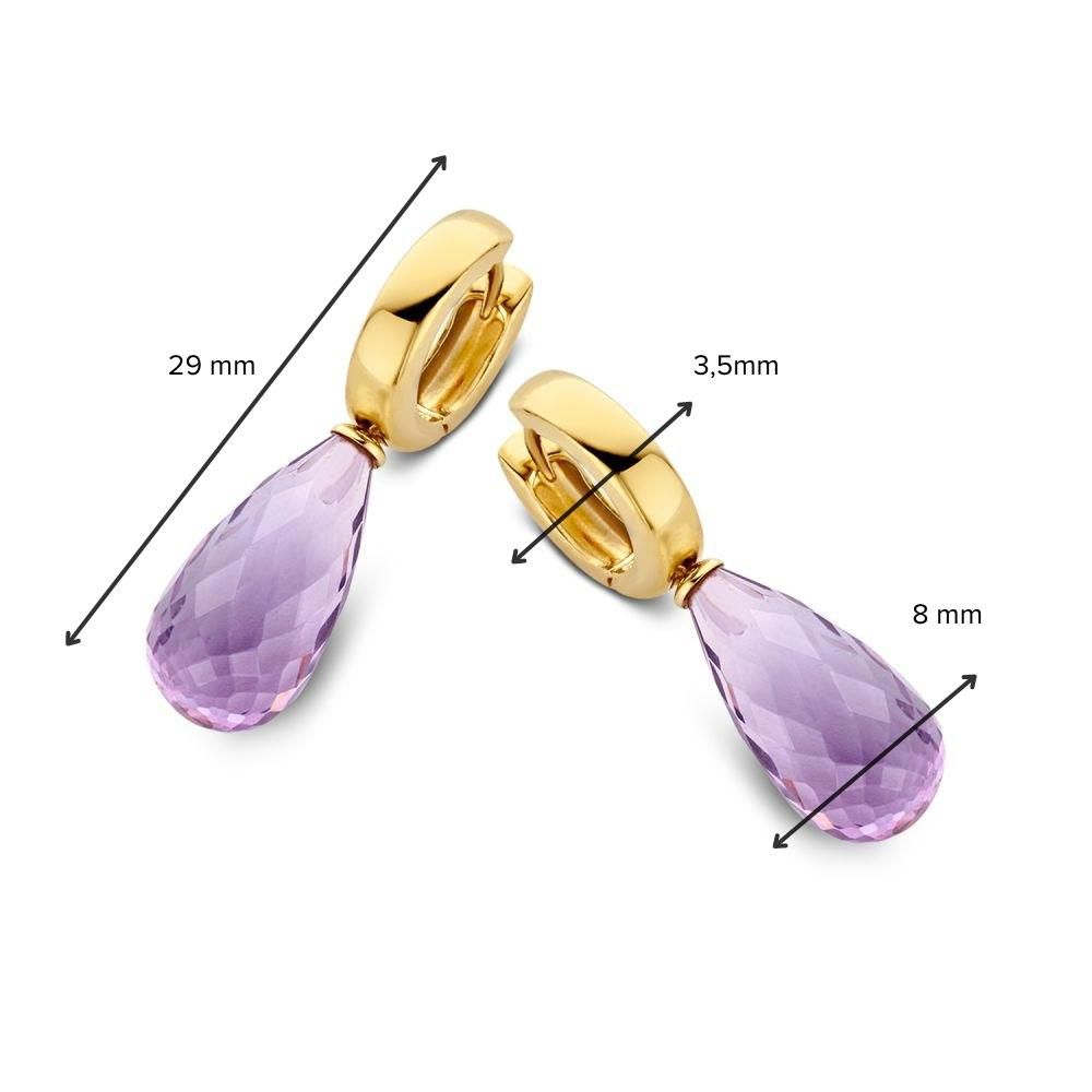 Aros de oro amarillo con amatista morada en forma de gota – Elegancia en movimiento