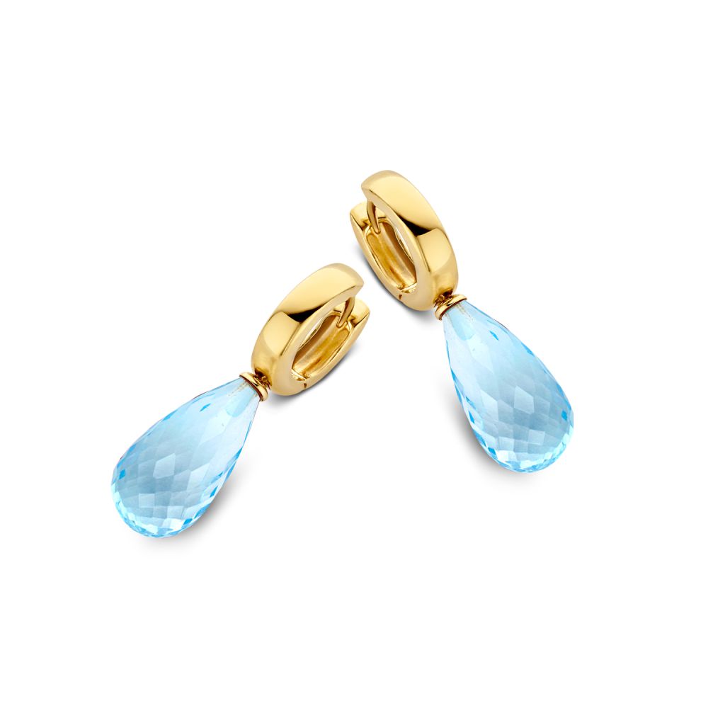 Pendientes de aro dorados con topacio en forma de gota, brillantes y facetados.