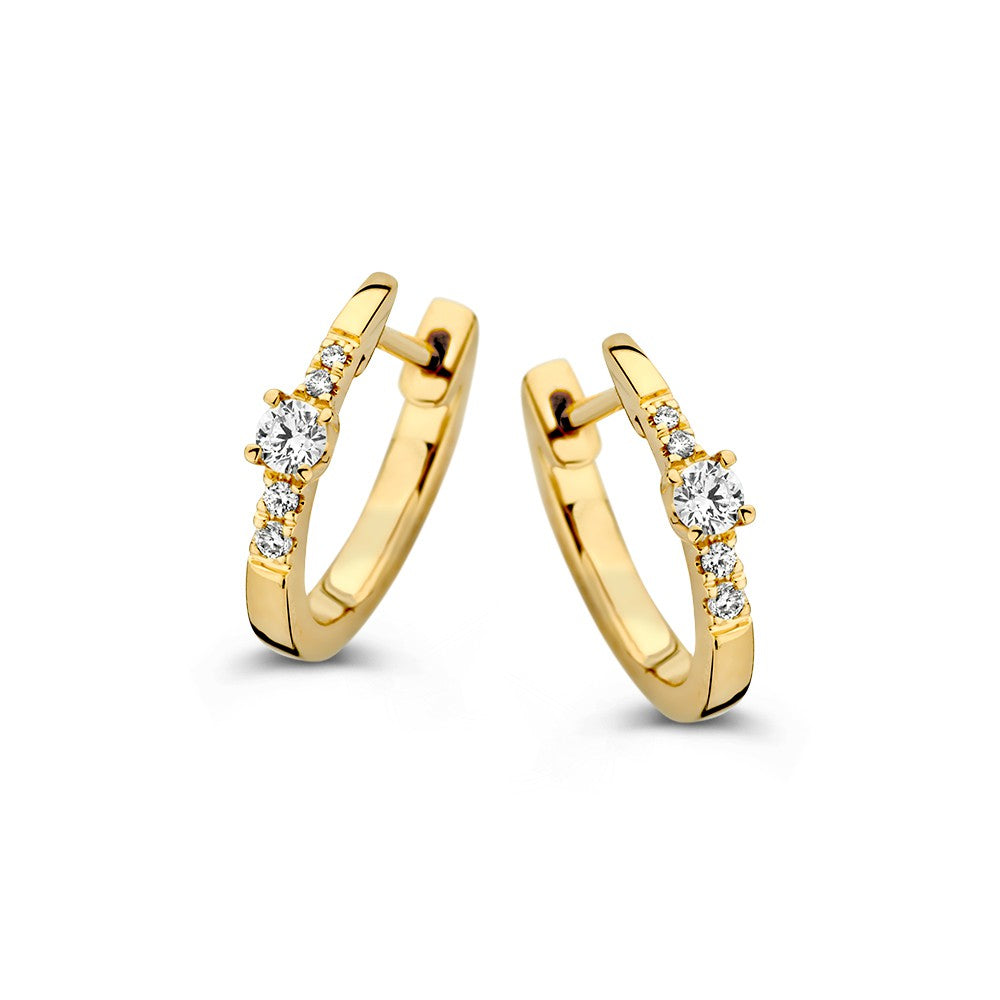 Aros de oro amarillo de 14 quilates con diamantes brillantes, 0.16 crt, de 13 mm.