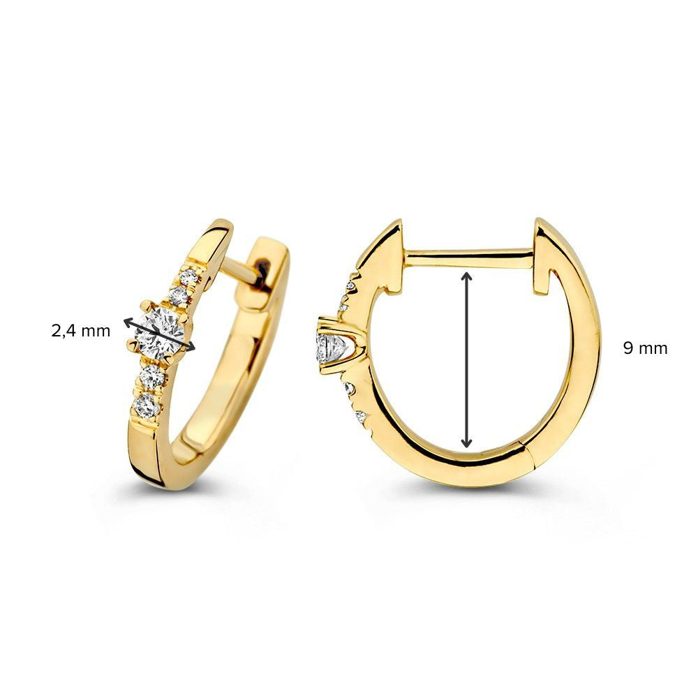 Aros de oro amarillo con diamantes, 14 quilates, 0.16 crt, tallado brillante, 13 mm