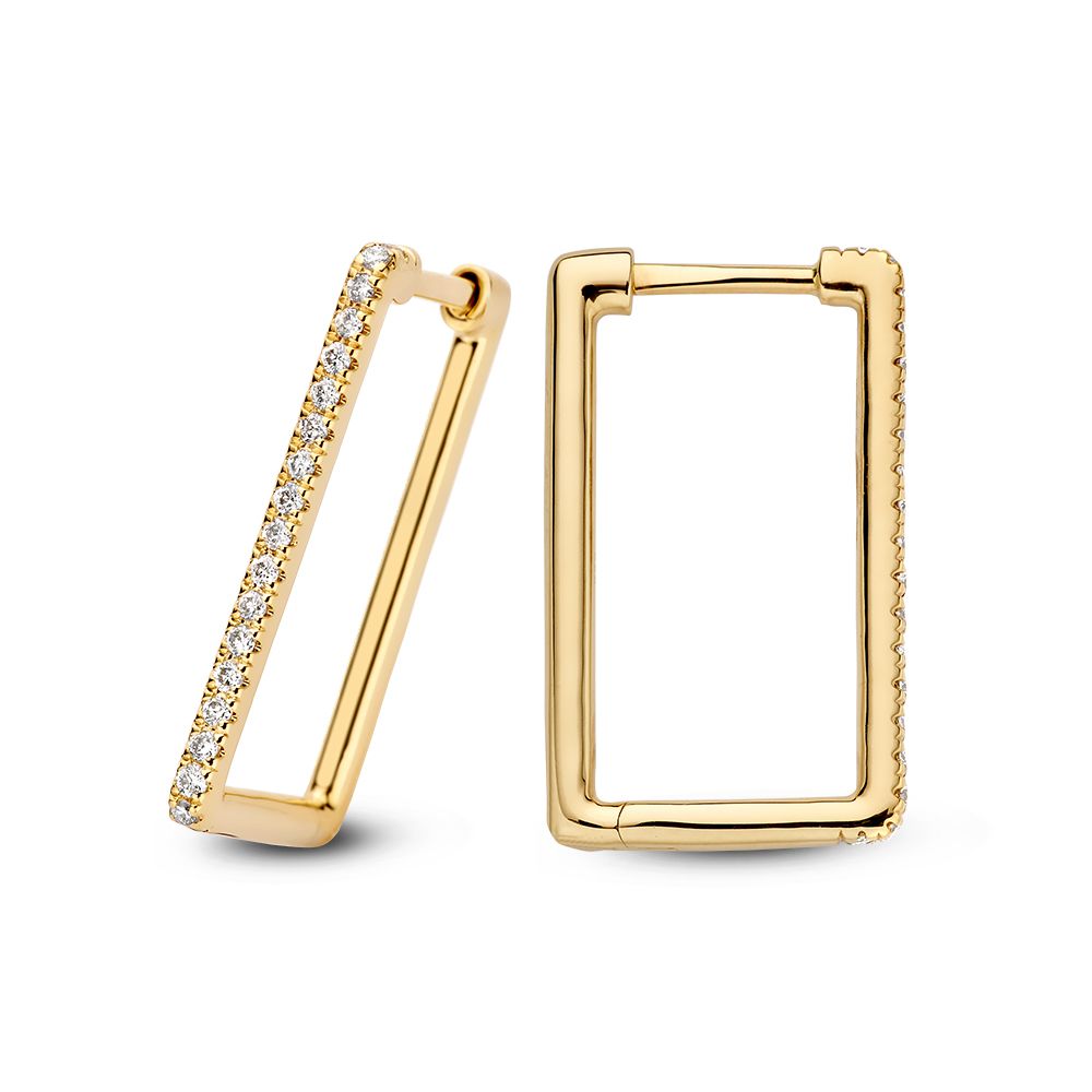 Aros de oro amarillo con diamante en diseño rectángulo y elegante