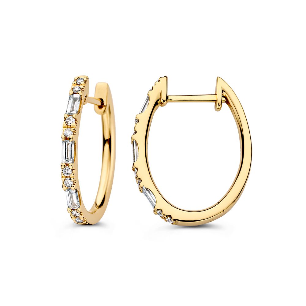 Aros de oro amarillo de lujo con diamantes brillantes y baguette: un lujo sutil 0,38 crt.