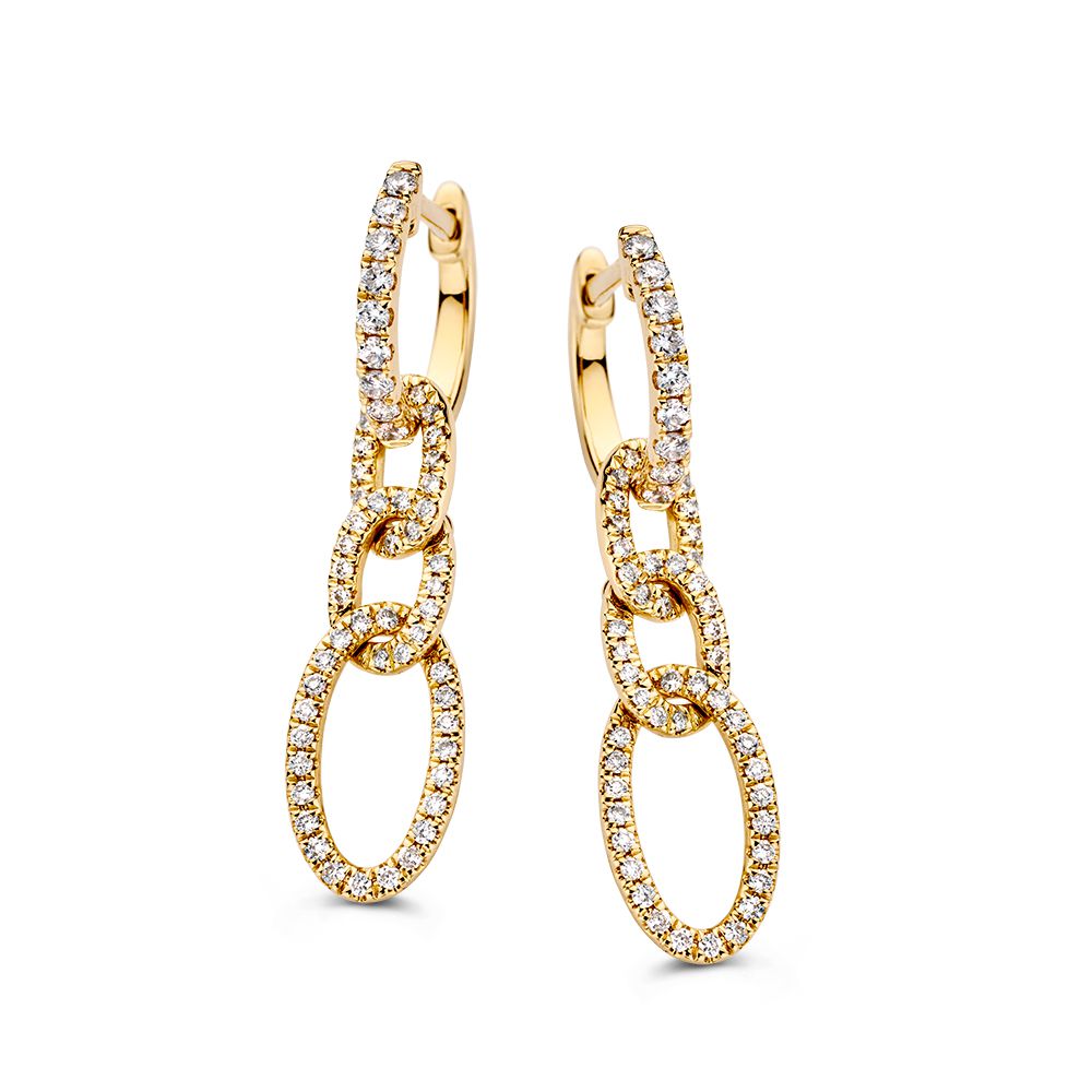 Pendientes de aro en oro amarillo con colgantes entrelazados y diamantes brillantes de 0,50 crt.