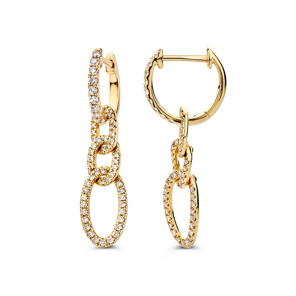 Opvallende Geelgouden Oorringen met Geschakelde Hangers en Fonkelende Diamanten 0,50 crt.