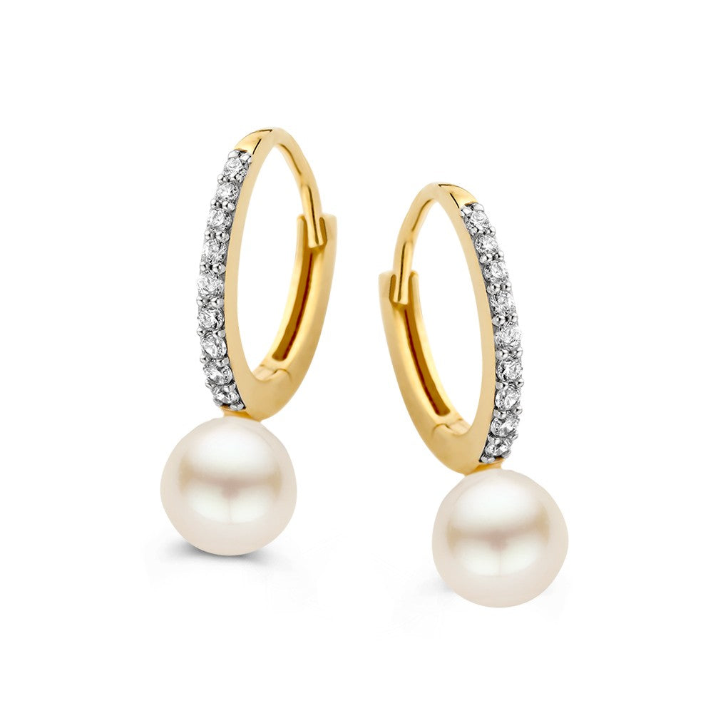 Aros de oro amarillo de 14K con perla y circonitas, diseño elegante con colgante.