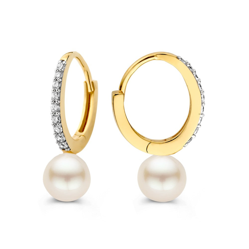 Aros de oro amarillo con perla y circonita - Elegantes charms para de mujer
