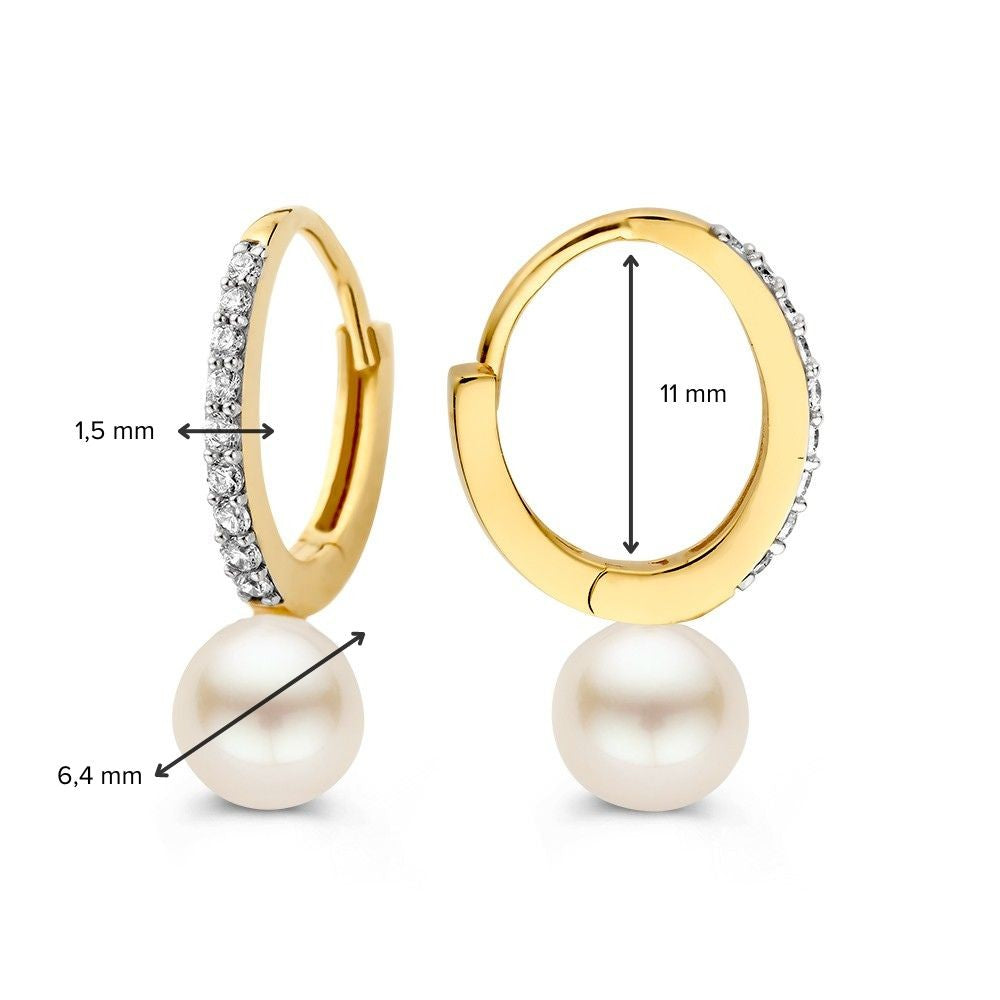 Aros de oro amarillo con perla y circonita - Elegantes charms para de mujer
