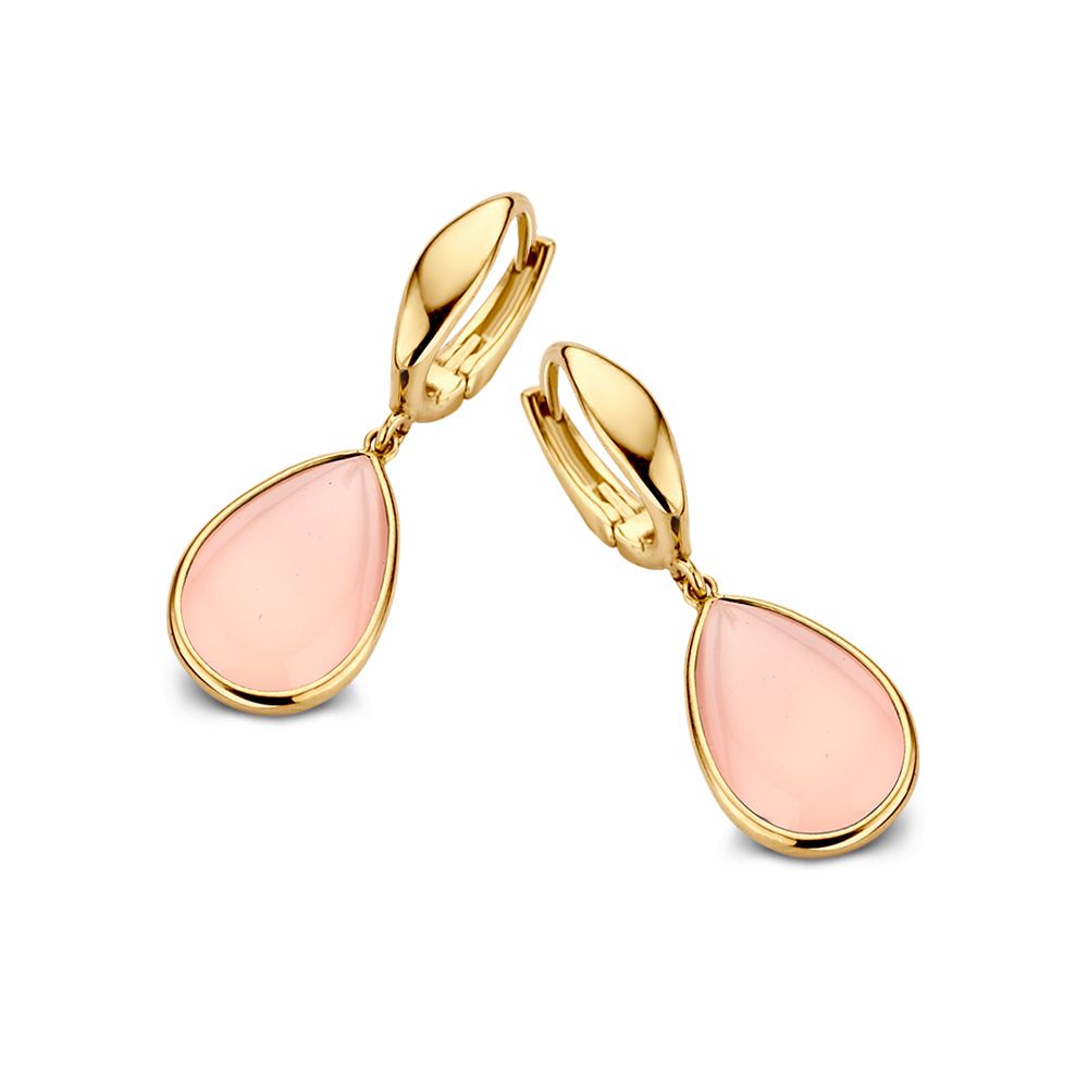 Pendientes de aro dorados con chalcedonia rosa en forma de gota, suaves y femeninos.
