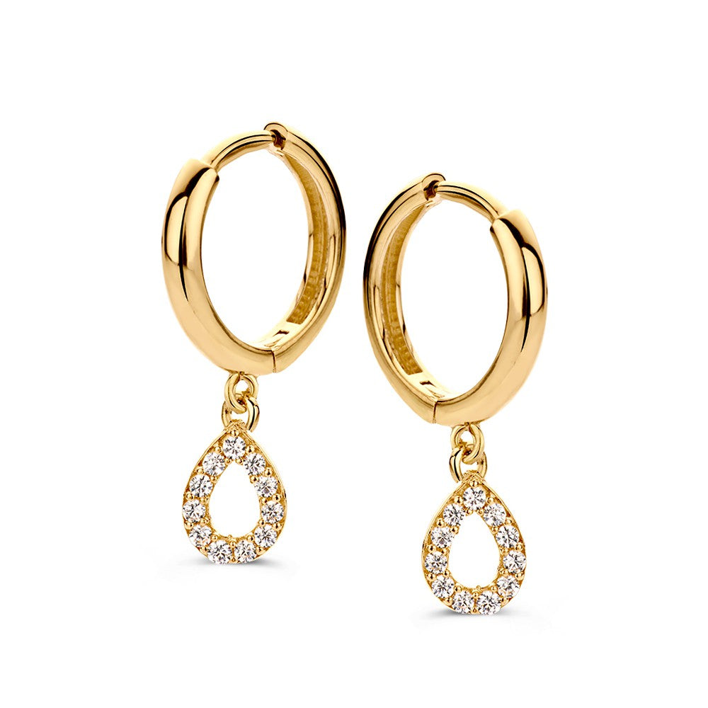 Pendientes de aro dorados con charms en forma de gota y circonitas brillantes.