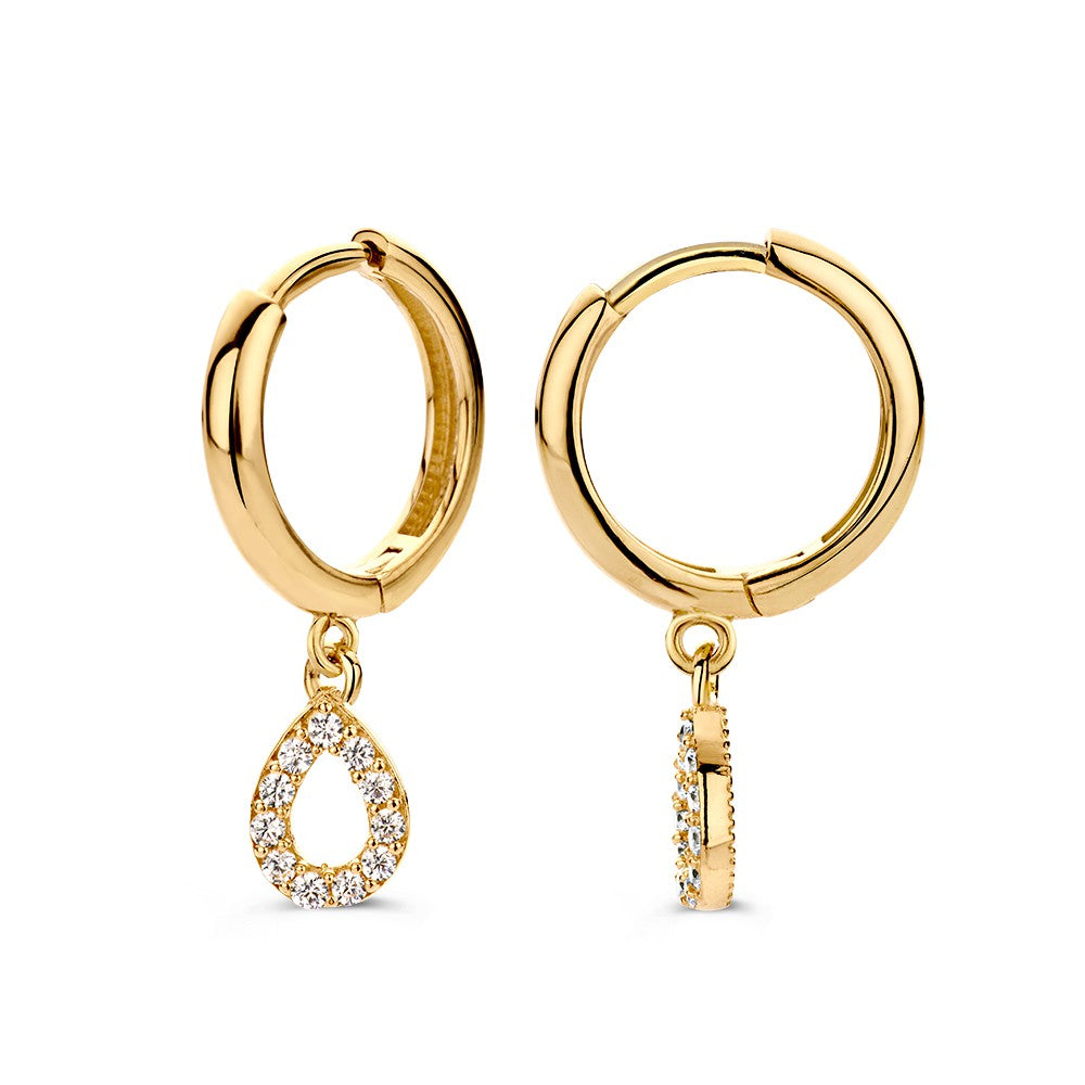 Elegante Geelgouden Oorringen met Speelse Druppelvormige Oorbedels en Zirkonia's