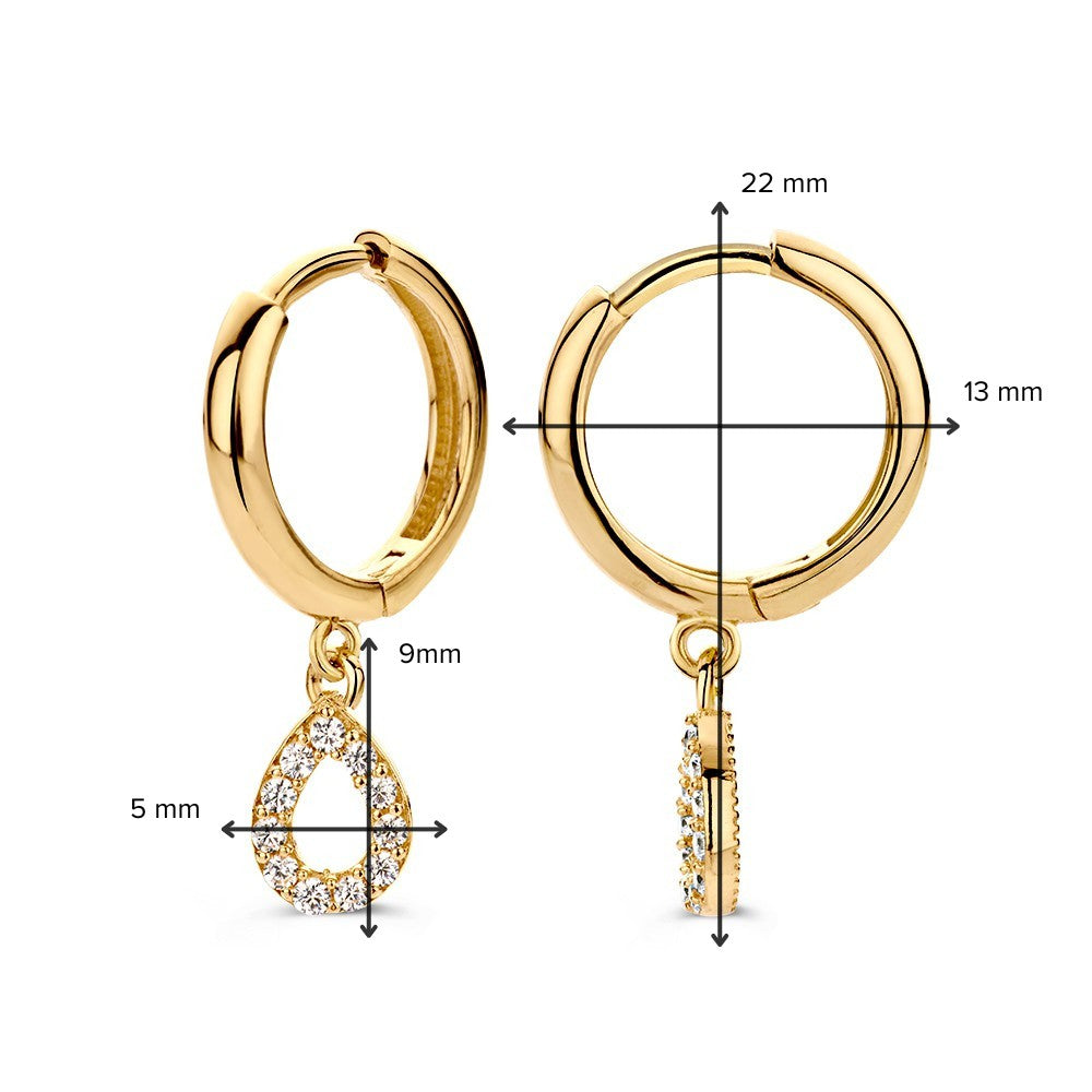 Elegantes Aros de Oro Amarillo con Divertidos Charms en Forma de Gota y Zircóns