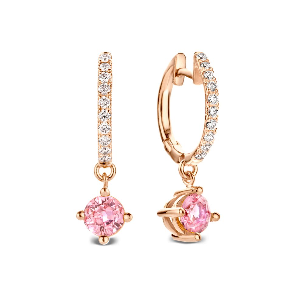 Aros de oro rosa con diamantes y zafiros rosas, diseño colgante.