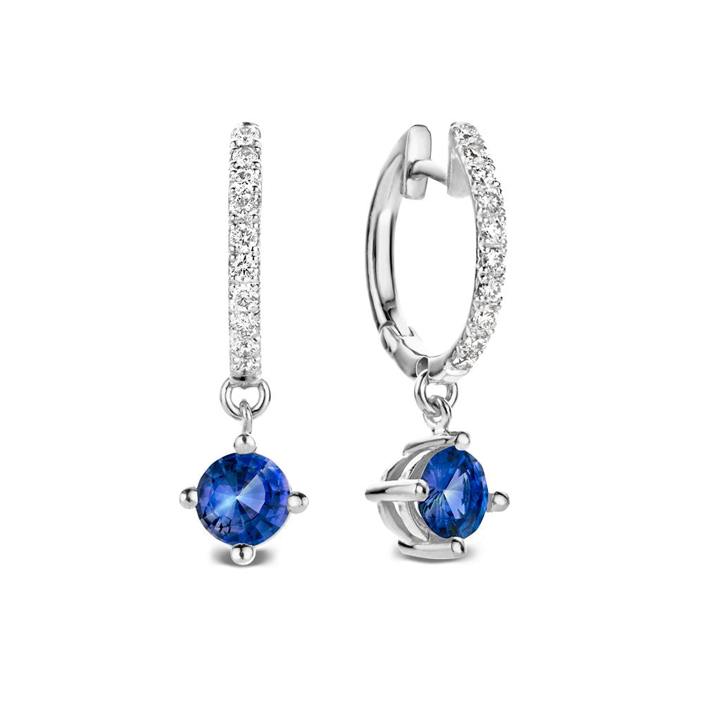 Aros de oro blanco de 18 quilates con zafiros azules y diamantes, diseño colgante.