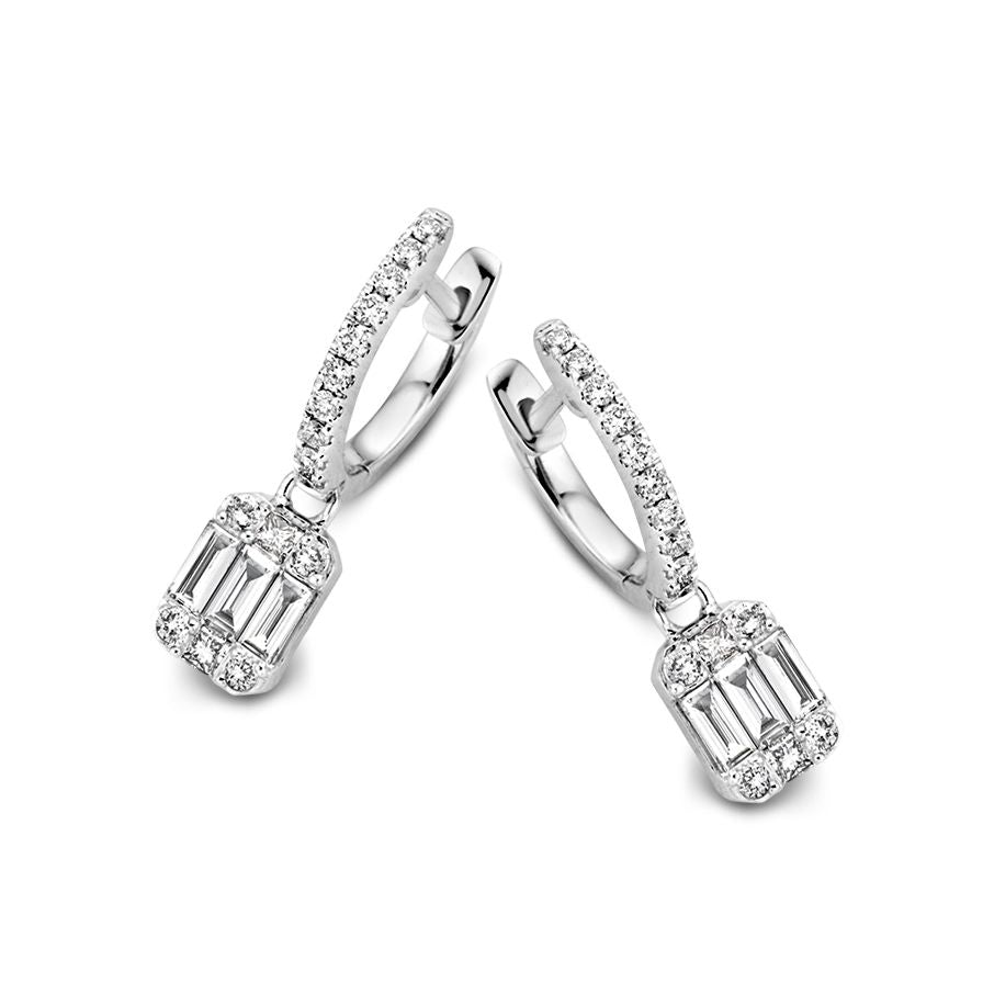 Witgouden oorringen met diamanten aanhangers – Baguette en briljant geslepen diamanten, 0.60 crt totaal