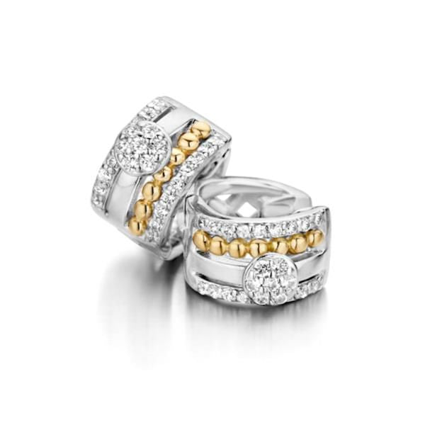 Aros de plata con detalles en oro de 14 quilates y circonitas brillantes.